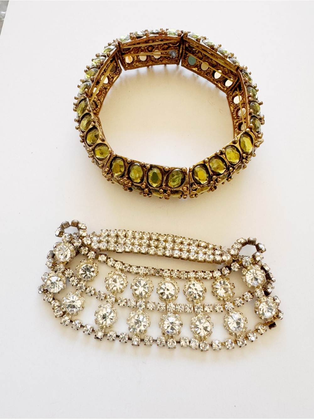 Gold-Tone Peridot Crystal Stretch Bracelet and Clear Rhinestone Bracelet Set